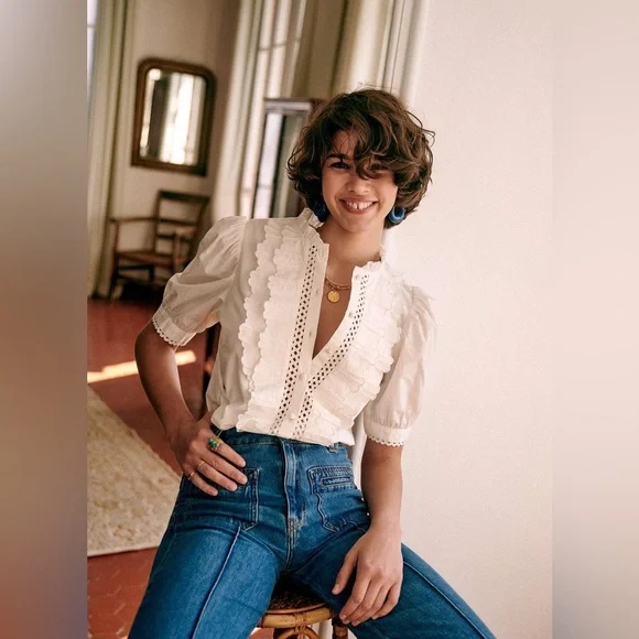 Sézane Waves Shirt Cotton in Ecru FR 36 / US 4 - Picture 6 of 9